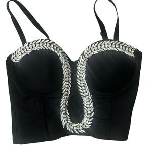 Black Bustier Top with Silver Leaf Embellishments
